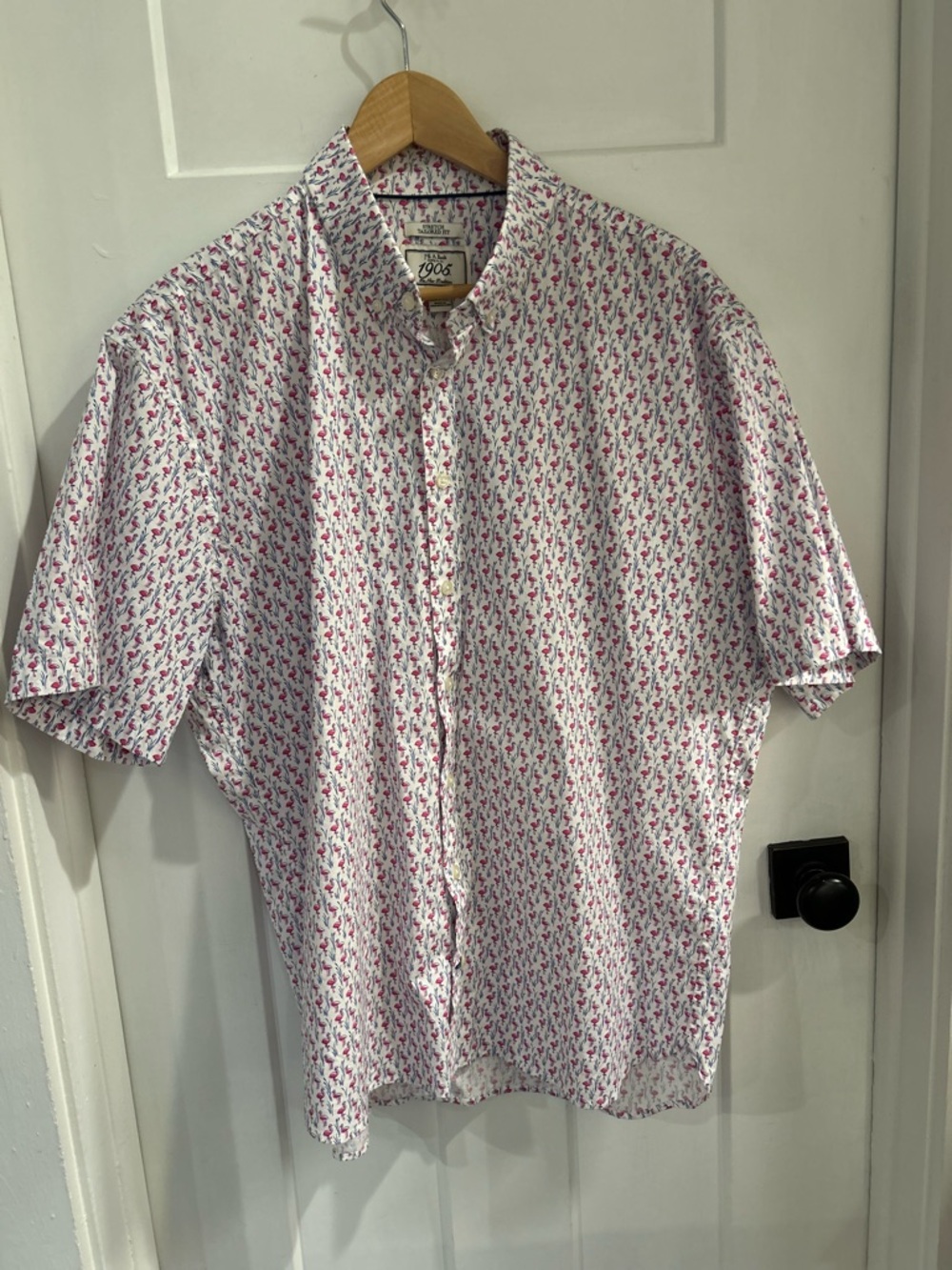Jos. A. Bank White Short-Sleeve Button-Down with Pink Flamingos Print